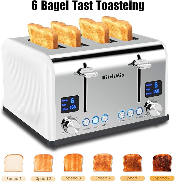 Toaster 4 Slice KitchMix Bagel Stainless Toaster with LCD Timer Extra Wide Slots Dual Screen Removal Crumb Tray (White)