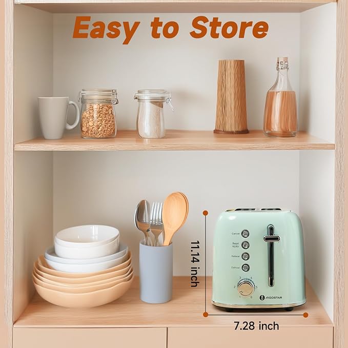 Aigostar Toaster 2 Slice Retro Stainless Steel 1.6 inch Extra Wide Slots Bread Toaster Bagel Cancel Defrost Function 6 Shade Settings &amp Removable Crumb Tray Waffle Tortilla