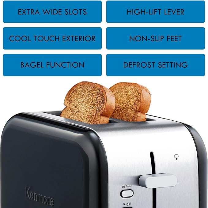 Kenmore toaster 2 slice - extra wide slot countertop kitchen appliance defrost function tostador de pan 9 shade settings compact design easy clean crumb tray bread bagel stainless steel &amp b