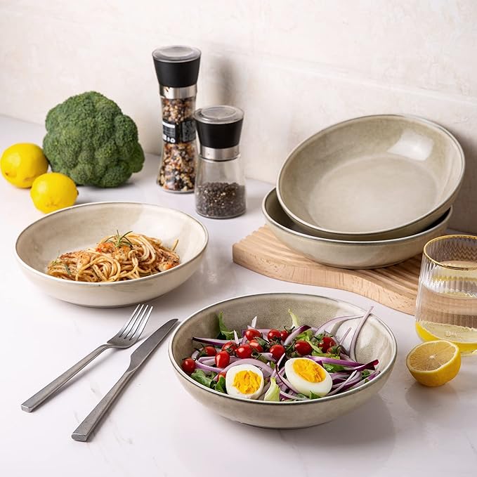 AmorArc Ceramic Dinnerware Sets with Pasta Bowl Handmade Reactive Glaze Plates and Bowls SetsHighly Chip and Crack Resistant | Dishwasher &amp Microwave Safe Dishes Set Service for 4 (16pc)