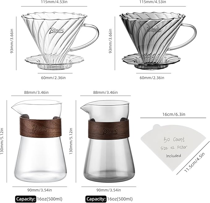 Bincoo Glass Pour Over Coffee Maker Set All-Glass Borosilicate V-shape 60° Cone Dripper &amp 500ml Coffee Carafe Server V-shape 60° Cone Drip Brewer with 50 V02 Filters
