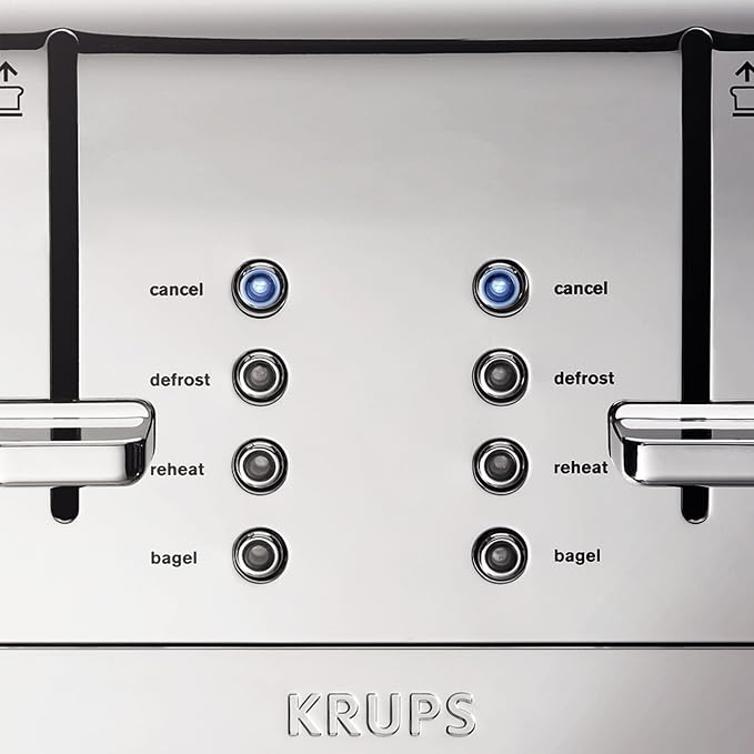 KRUPS: Breakfast Set Stainless Steel Toaster 4 Slice 1500 Watts 6 Brown Settings Defrost Reheat High Lift Lever Silver Matte and Chrome