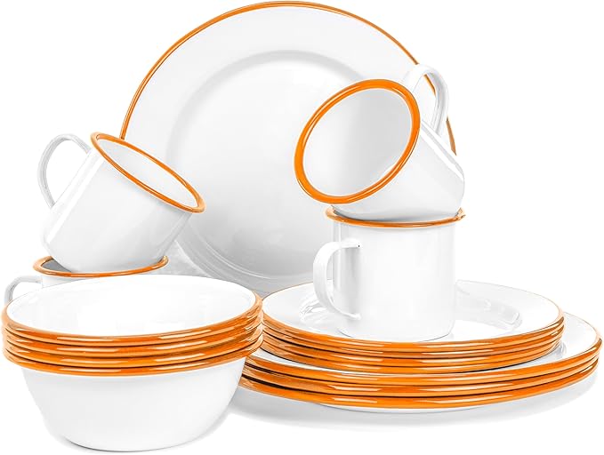 Red Co. 16-Piece Enamelware Metal Dinnerware Set for 4 Solid White/Orange Rim