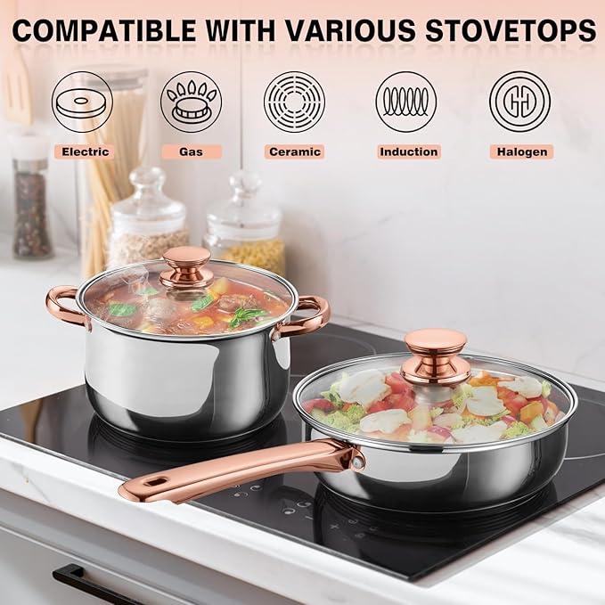 Walchoice 8-Piece Stainless Steel Cookware Set Kitchen Pots and Pans Set with Glass Lid for Cooking Kitchen Cookware Set with Utensils Induction &amp Dishwasher Safe Copper
