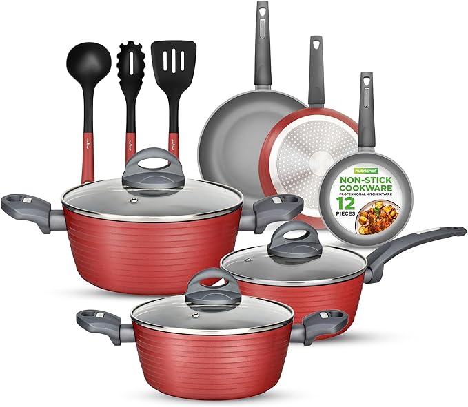 NutriChef 12-Piece Hard Anodized Nonstick Cookware Set - Induction Ready Pots &amp Pans with Elegant Ridge-Line Pattern Heat-Resistant Lacquer Red