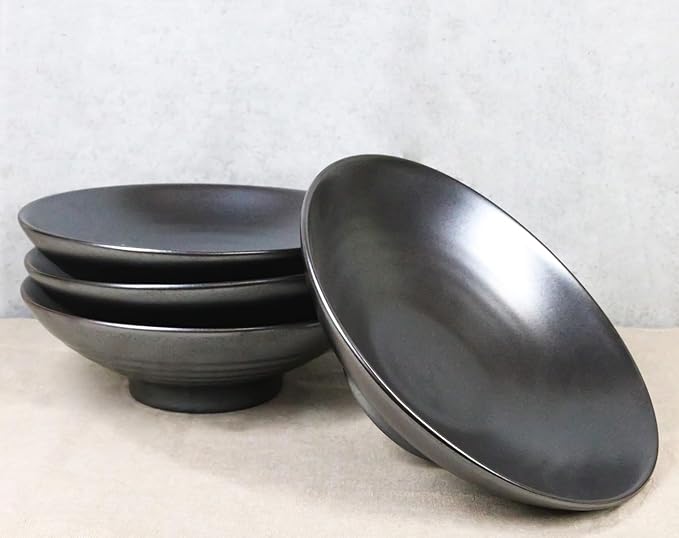 Ebros Gift Iron Black Clay Underglaze Technique Tetsu Kesho Porcelain Dinnerware Kitchen Set Asian Japanese Restaurant Supply (Pack Of 4 Large Ramen Soup Dinner Bowl 36oz)