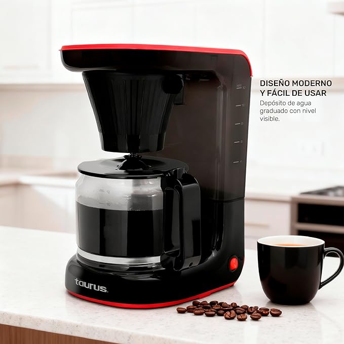 Taurus Velvet 12-Cup Drip Coffee Maker Glass Carafe Modern Compact Design Non-Programmable Easy-Clean Reusable Filter Auto Shut-Off Black