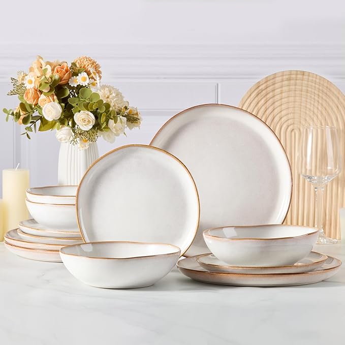 Vesteel Dinnerware Set for 4 12 Pieces Premium Stoneware Plates and Bowls Set Handmade Reactive Glaze Dishes for Home Chip &amp Scratch Resistant Microwave and Dishwasher Safe - Pearl White