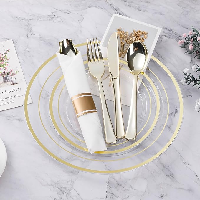 BESTVIP 700PCS Clear Gold Plastic Dinnerware Set for 100 Guests Disposable Party Plate for Christmas and New Year Include: 200 Plastic Plates 100 Pre Rolled Napkins with Silverware 100 Cups