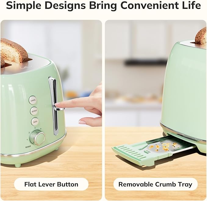 2 Slice Stainless Steel Toaster Retro with 6 Bread Shade Settings Bagel Cancel Defrost Function Extra Wide Slot Removable Crumb Tray Green