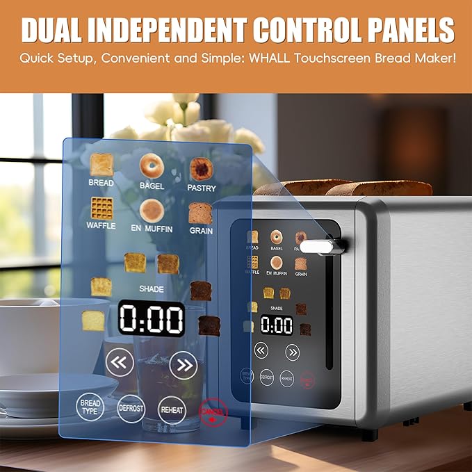 WHALL Touch Screen Toaster - 2 Slice Stainless Steel Digital Timer with Sound Function Smart Extra Wide Slots with Bagel Cancel Defrost (White)