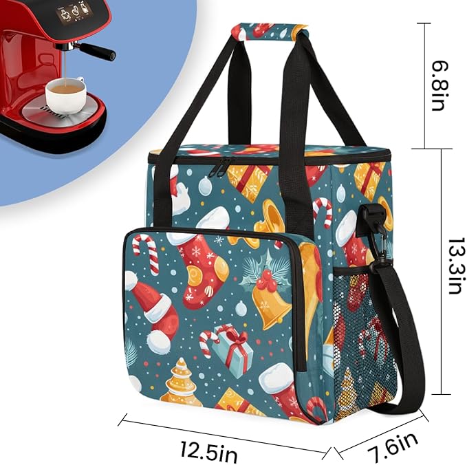 Christmas Socks Bell Coffee Maker Carrying Bag Portable Travel Storage Tote Bag Compatible with K-Mini or K-Mini Plus Single Serve Coffee Brewer Carrying Case with Multiple Pockets &amp Shoulder St