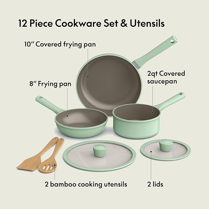 bella 7 Piece Cookware Set with EverGood™ Ceramic Nonstick Coating Dishwasher Safe Oven Safe All Stovetops Compatible Glass Lids with Silicone Rims Cool Touch Handles Seaglass