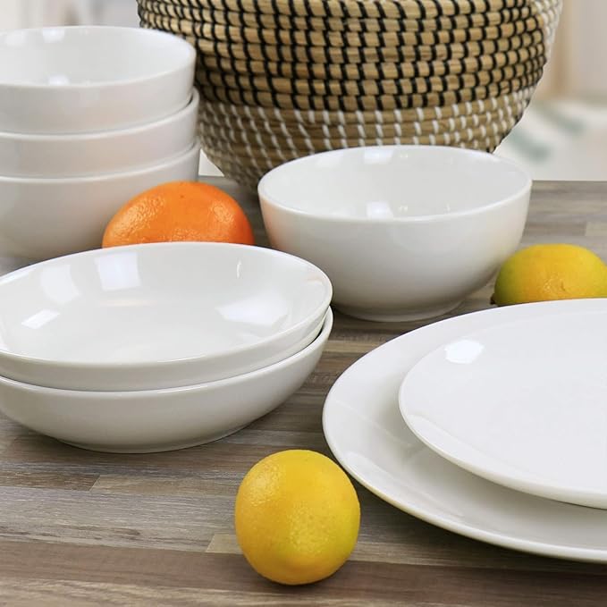 16 Piece Porcelain Double Bowl Dinnerware Set for 4 White Plates and Serving Bowls Dishwasher and Microwave Safe Tableware Set