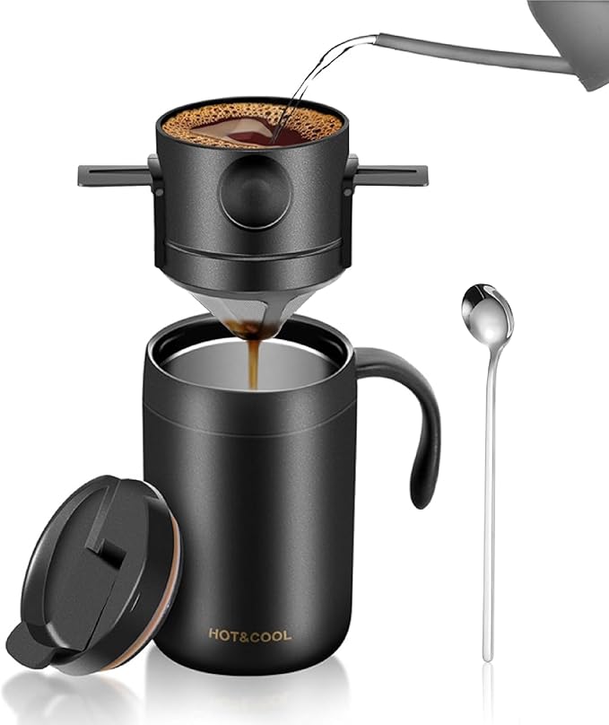 Pour Over Coffee Maker Set 16oz Stainless Steel Insulated Mug Foldable Filter for Camping Travel Office (Black)