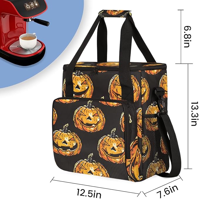 Cartoon Pumpkin Coffee Maker Carrying Bag Glitter Pumpkin Travel Storage Bag Compatible with K-Mini or K-Mini Plus Single Serve Coffee Brewer Carrying Case with Multiple Pockets &amp Shoulder Strap