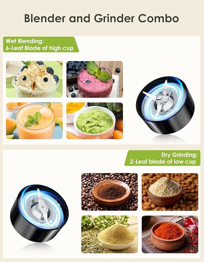Smoothie Blender 1100W Personal Blender for Shakes and Smoothies Blenders and Grinder Combo for Kitchen with 2 * 22 Oz To-Go Cup and Lid for Protein Shake Baby Food Frozen Drink