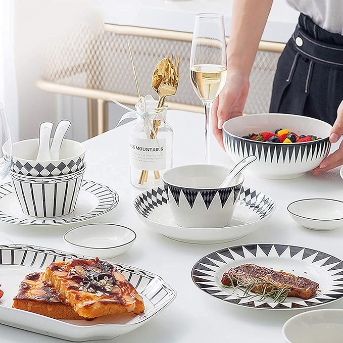 Elegant Dinnerware Set Dinner Plates Bowls Set Plate Ceramic Tableware and Serving Tableware 10-Piece Kitchen Plate Set Geometric Pattern Plate SetB