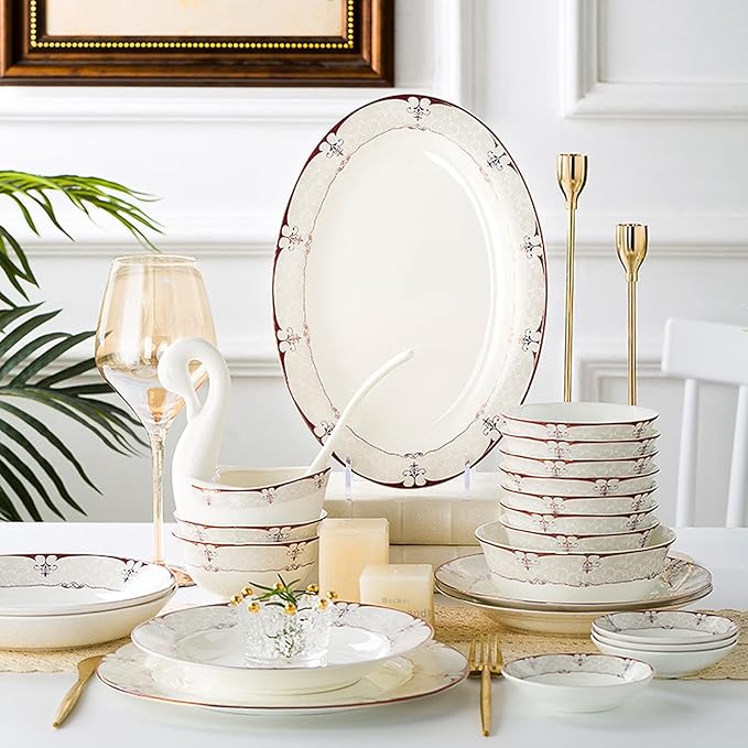 Sushi Set White Bone China and Gold Trim Cutlery Set with Dinner Plates Dessert Plates Soup Plates Saucers for Gifts Wedding Hotel 60 Piece