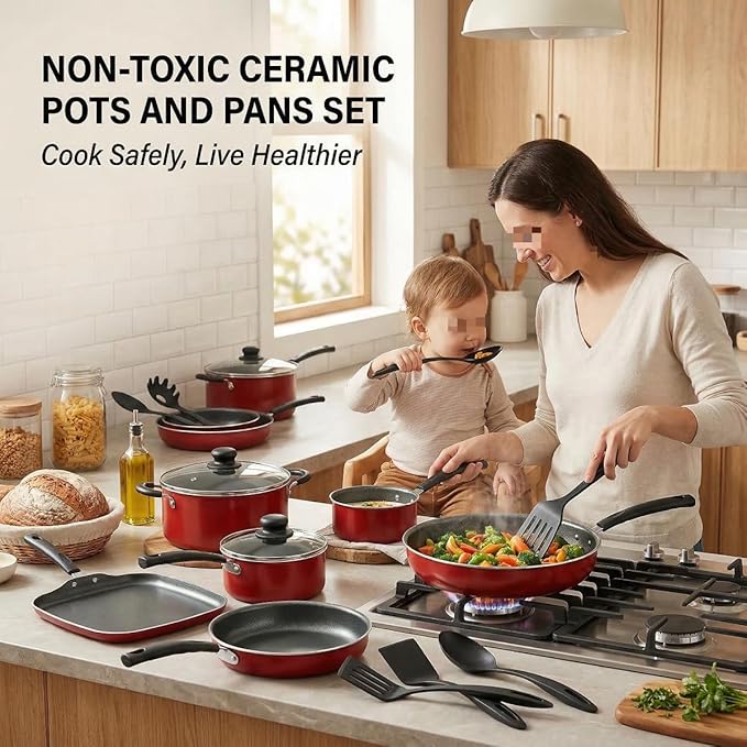 18-Piece Red Non-Stick Cookware Set Includes Multiple Pots Pans &amp Steamer Universal Stovetop Dishwasher Safe Lightweight Aluminum Kitchen Cookware