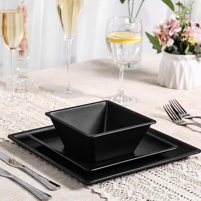 12 Piece Melamine Plates and Bowls Sets Square Dinner Set with Plates Dishes Bowls Black Square Dinnerware Sets -Serving Platers for 4 Dishwasher Safe
