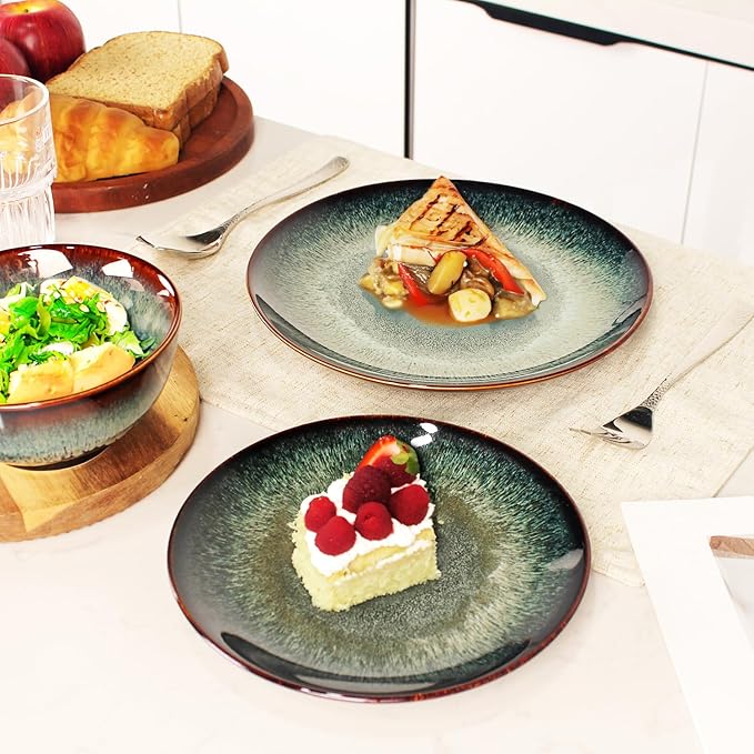 Dinner Set 12 Pieces - Round Reactive Glaze Tableware - Kitchen Dinnerware Porcelain Crockery with Dinner Plate Bowl and Soup Plate Service for 4 Microwave Dishwasher Safe Set (No.2)