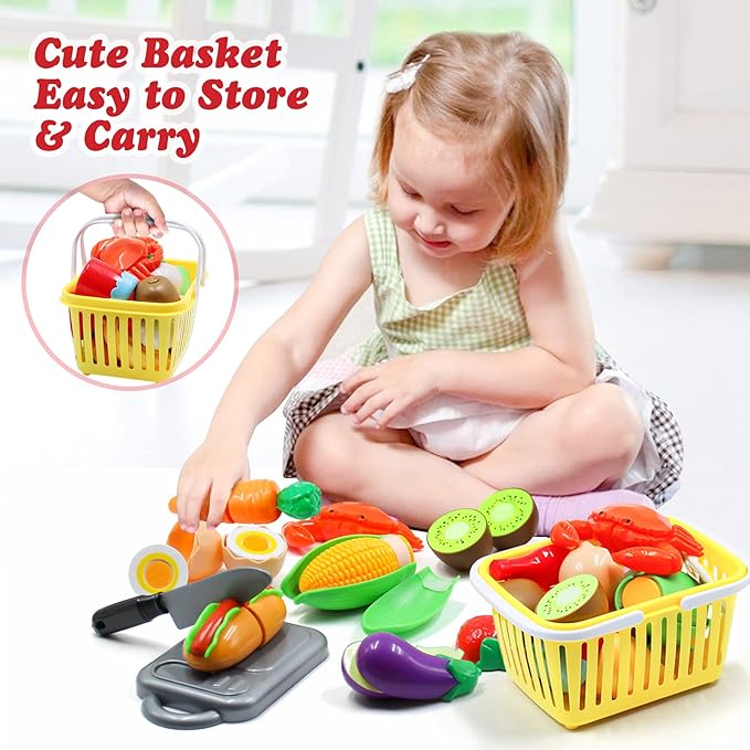 Kids Pretend Play Kitchen Toys Accessories Set 32 Items Stainless Steel Toy Pots and Pans Sets w/ Rack Organizer Metal Cooking Utensils &amp Apron Play Food w/ Basket for Kids Girls Boys Toddlers