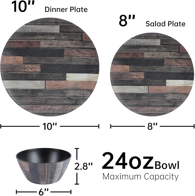 Wood Grain Melamine Dinnerware Set – 12 Piece Plates and Bowls Break-Resistant Dinner Plates for Everyday Use Heavy Duty Dishwasher Safe Camping Party Indoor Outdoor Dining