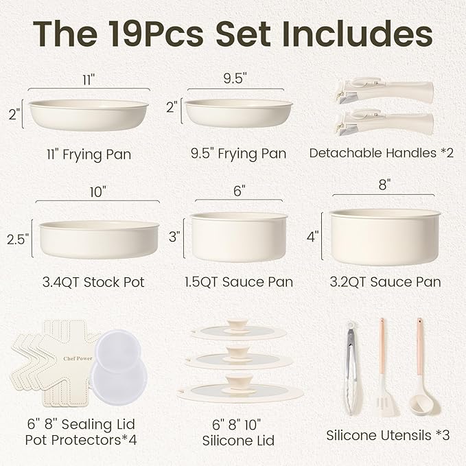 Chef Power Ceramic Cookware Set Non Toxic with Detachable Handles Healthy Nonstick Pans and Pots Set 19 Pcs Induction Dishwasher Oven Safe Kitchen Set PFAS PFOA &amp PTFE Free Cream White