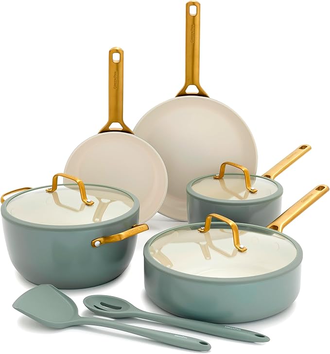 GreenPan Nonstick Reserve Pro 10 Piece Cookware Set NSF Certified Ceramic Hard Anodized PFAS-Free Pots &amp Pans Set with Lids Stainless Steel Handles Oven &amp Dishwasher Safe Moss Green