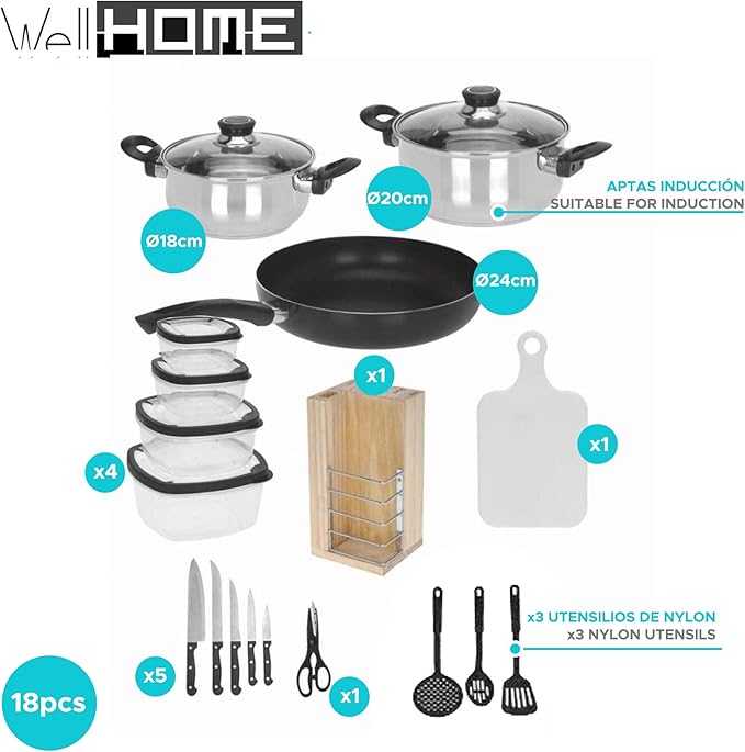 WELL HOME MOBILIARIO &amp DECORACIÓN 18 Piece Cookware Set (1 x Pan + 2 x Pots + 1 x Cutting Board + 1 x Scissors + 3 x Nylon Utensils + 4 x Tuppers + 1 x Wooden Block