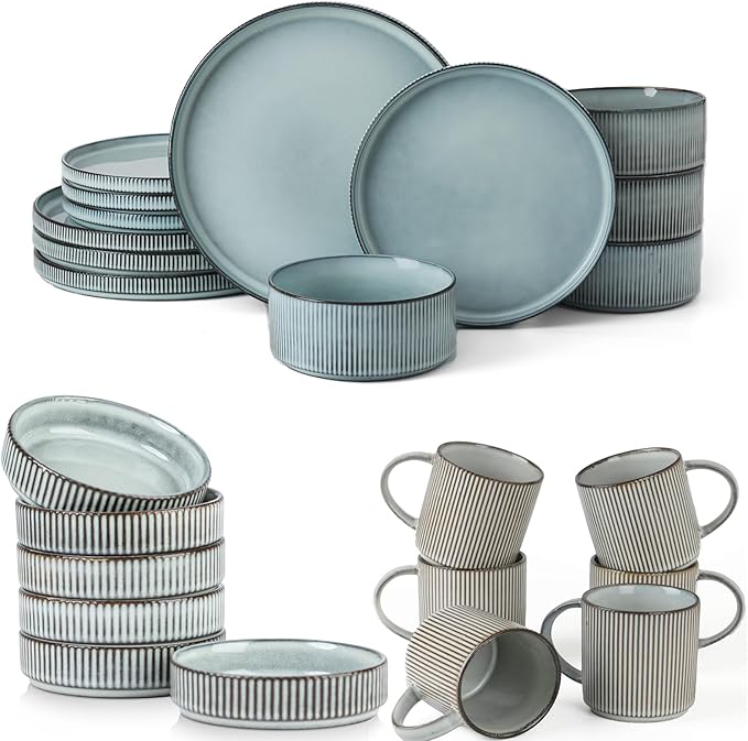 Famiware Dinnerware Set for 4 (12 Piece) and Coffee Mug Set for 6 (12 oz) - Smoky Blue