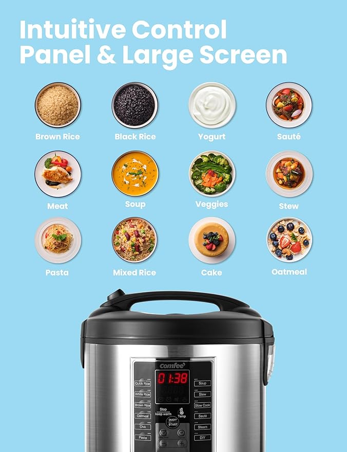 COMFEE' Rice Cooker Slow Cooker Steamer Stewpot Sauté All in One (12 Digital Cooking Programs) Multi Cooker (5.2Qt ) Large Capacity. 24 Hours Preset &amp Instant Keep Warm Black/Silver (MB-M25)