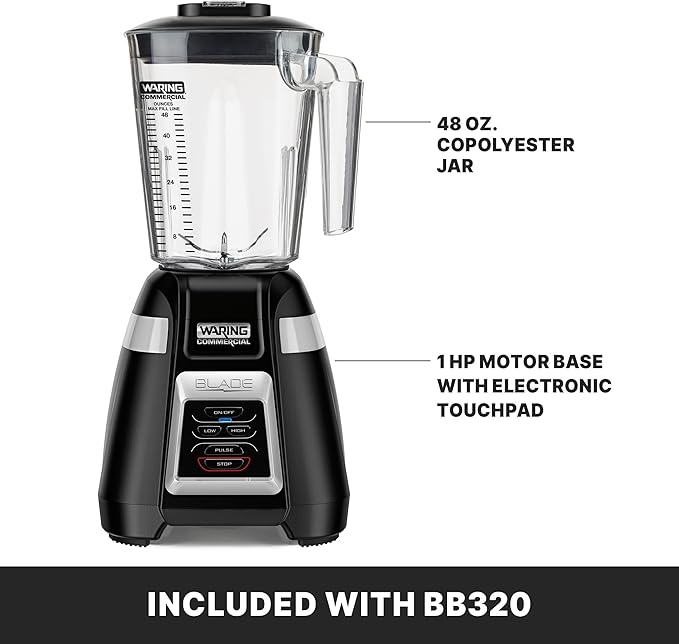 Waring Commercial BB320 Blade 1 HP Blender Toggle Switch Controls with Pulse feature 48 oz BPA Free Copolyester Stacking Container 120V 5-15 Phase Plug Black