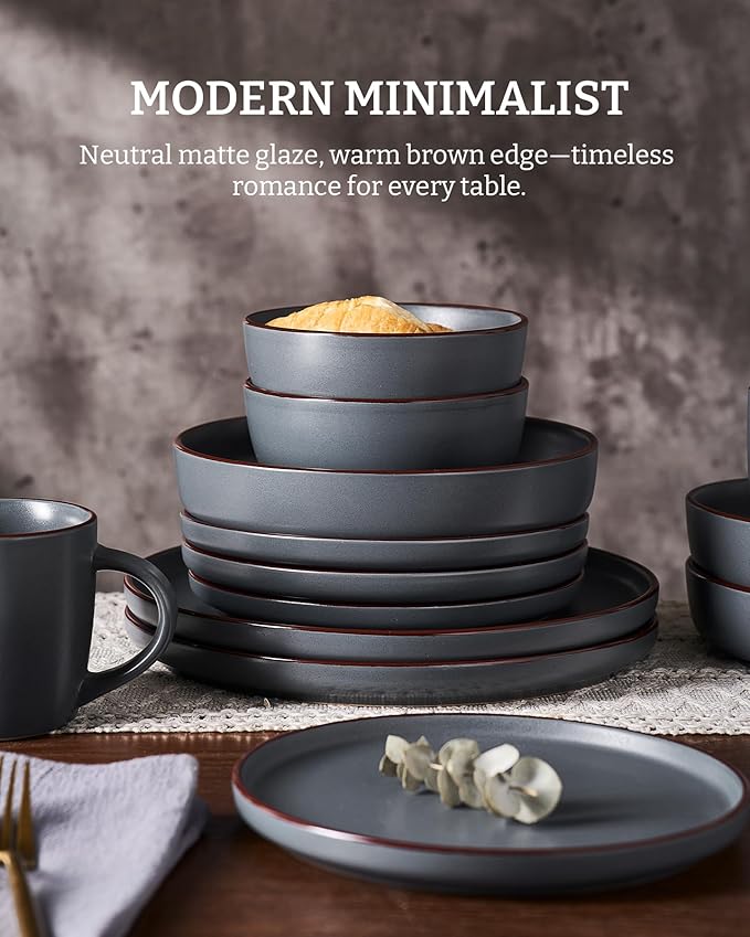Famiware Mercury Dinnerware Sets with Mugs Service for 4 (16 Pieces) Plates and Bowls Sets Microwave and Dishwasher Safe Dishes Set Charcoal