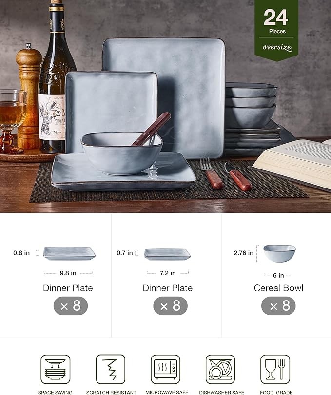 Famiware Dinnerware Sets for 8 Ocean Square 24-Piece Kitchen Plates and Bowls Sets Microwave and Dishwasher Safe Scratch Resistant Grey