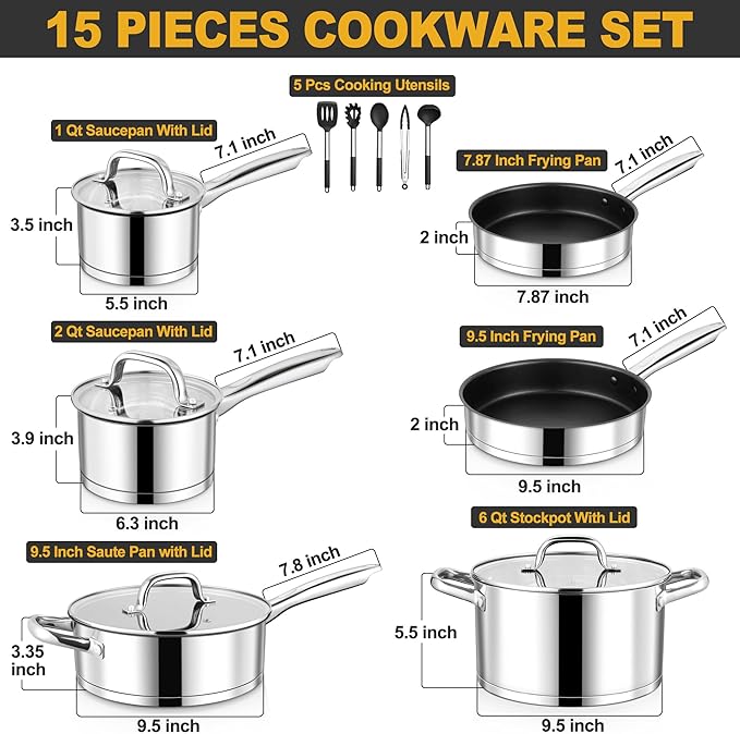 Walchoice 15-Piece Stainless Steel Cookware Set 3-Ply Base Kitchen Pots and Pans Set Non-toxic Induction Cooking Set Including Frying Pan Saucepan Oven &amp Dishwasher Safe All Stoves Compatible