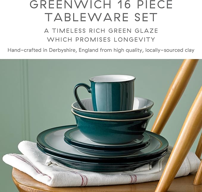 Denby - Greenwich Dinner Set For 4-16 Piece Tableware Green White - Dishwasher Microwave Safe Crockery - 4x Dinner Plate 4x Small Plate 4x Cereal Bowl 4x Coffee Mugs - Chip Crack Resistant