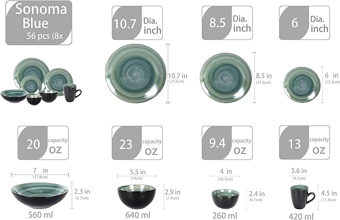 Stoneware Sonoma 56pc Dinnerware Set Black + Speckled Spin Wash Blue
