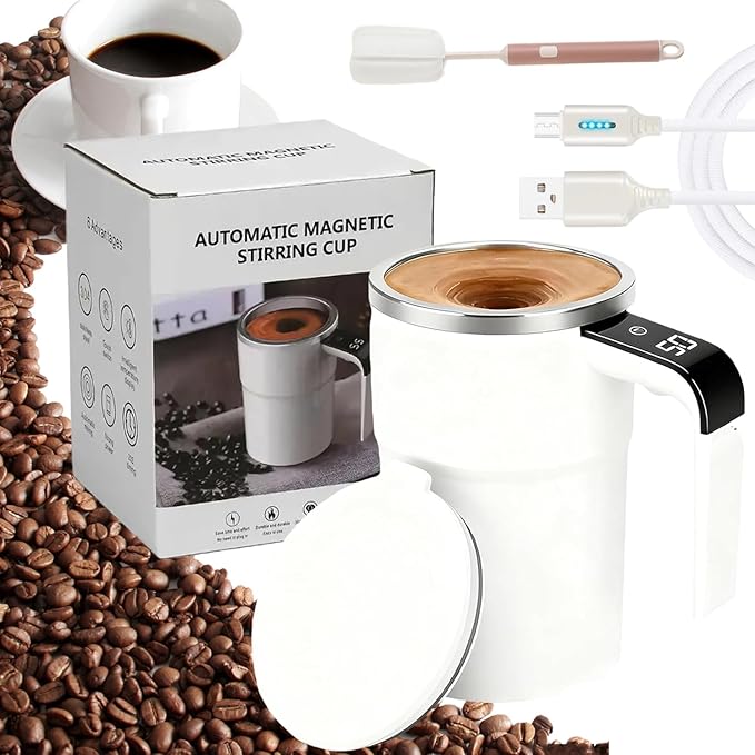 2026 New Electric Coffee Mug With a Built-In Lcd ThermometerUpgraded Automatic Magnetic Stirring Coffee MugMagnetic Self Stirring CupPerfect For Brewing Coffees Milk Cocoa Etc. (White)