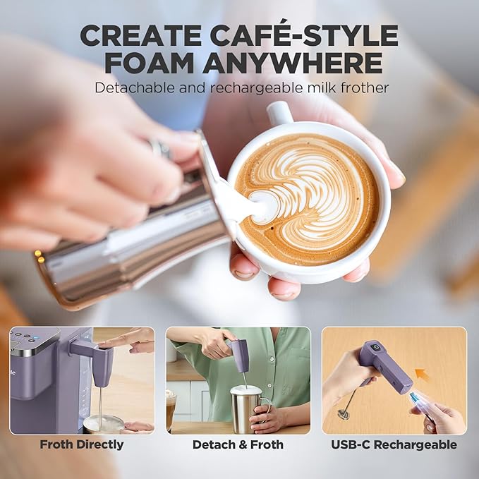 Single Serve Coffee Maker with Built-in Detachable Milk Frother Iced and Hot Coffee Machine for K Cup &amp Grounds 40oz Removable Water Reservoir 6 Cup Sizes Fits 7.3 Travel Mug Purple