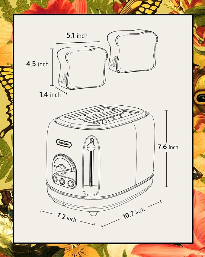 Hazel Quinn X Eduardo Recife Collaboration 2-Slice Retro Toaster 6 Browning Levels 3 Functions-Defrost/Reheat/Cancel Removable Crumb Tray for Easy to Clean 1.5 Inches Extra Wide Slots
