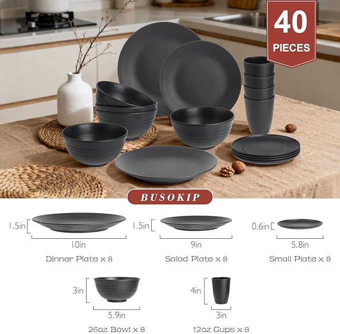 Wheat Straw Dinnerware Sets 40 PCS- Unbreakable Dishes Set for 8 Dishwasher and Microwave Safe Plates and Bowls Sets Reusable Plastic Plates Bowls Drinking Cups for Camping Party - Black