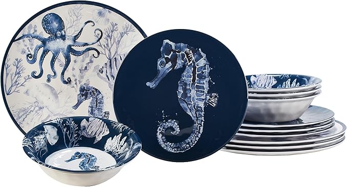 Sea Life 12-Piece Dinnerware Set Service for 4 Blue Navy White Coastal Modern Contemporary Round 12 Piece Dishwasher Safe