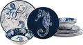Sea Life 12-Piece Dinnerware Set Service for 4 Blue Navy White Coastal Modern Contemporary Round 12 Piece Dishwasher Safe