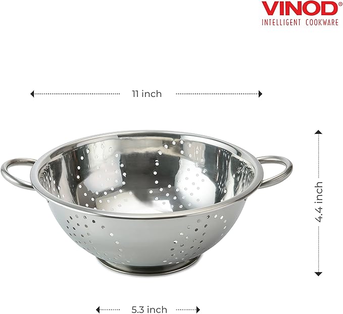 Vinod Food Mesh Colander | 11 Inches in Diameter | Dishwasher Friendly Strainer | Perforated Base | Suitable For Straining Fruits Vegetables Noodles Pasta Spaghetti | Stainless Steel Body Large