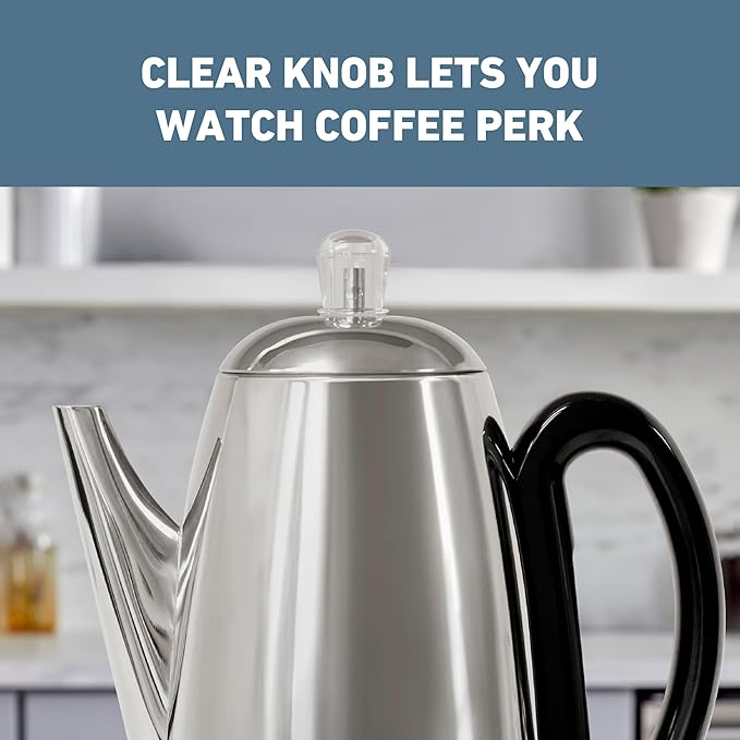 West Bend Electric Percolator Classic Style Coffee Maker with Heat Resistant Handle Base and Detachable Cord with Stainless Steel Stem and Basket 12-Cup Silver