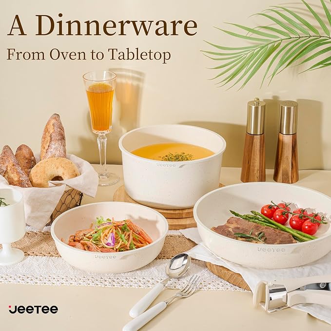 JEETEE Pots and Pans Set Non Stick 17pcs Kitchen Cookware Sets with Detachable Handle Induction Nonstick Cookware Set with Removable Handle Stackable RV Cookware Oven Safe PFAS/PFOA Free Beige