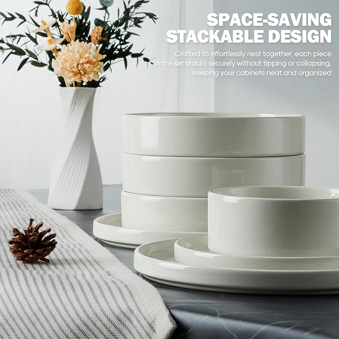 Vesteel 16 Pieces Dinnerware Sets Premium Stoneware Dishes Set for 4 Speckled Plates and Bowls Set for Home Restaurant Microwave and Dishwasher Safe - Off-white