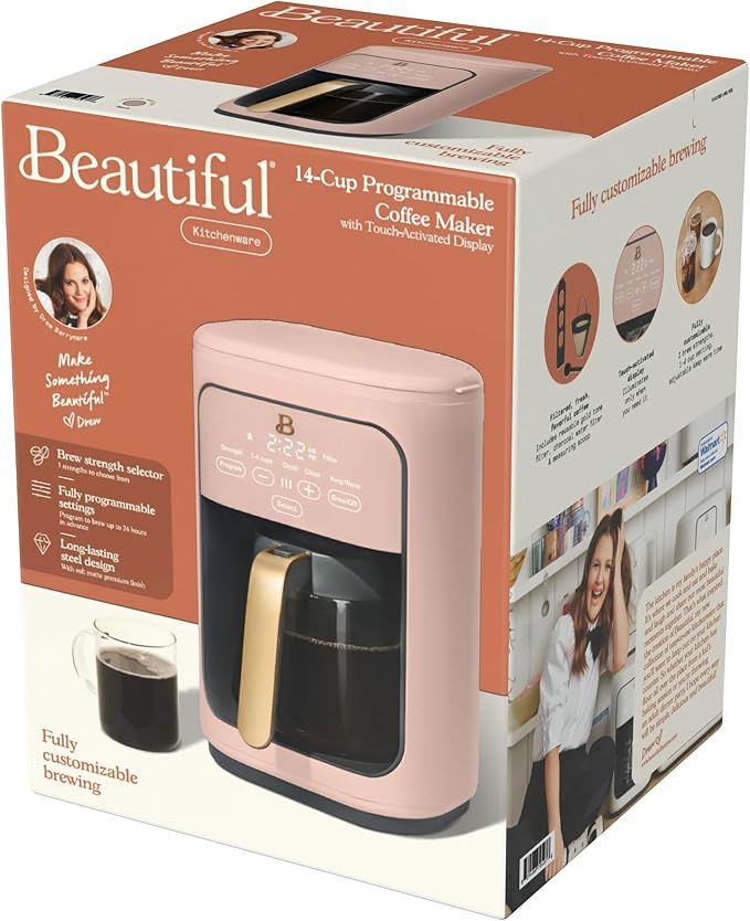 B by Drew Barrymoree Coffee Maker 14-Cup Programmable with Touchscreen 1-4 Cup Setting &amp Keep Warm (Rose)